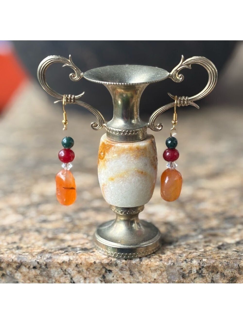 ARTISAN Hand Crafted Genuine Carnelian Ruby Moss Agate & Crystal Dangle Earrings